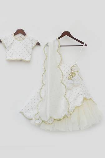 Off White Organza Lehenga Choli and Dupatta for Girls