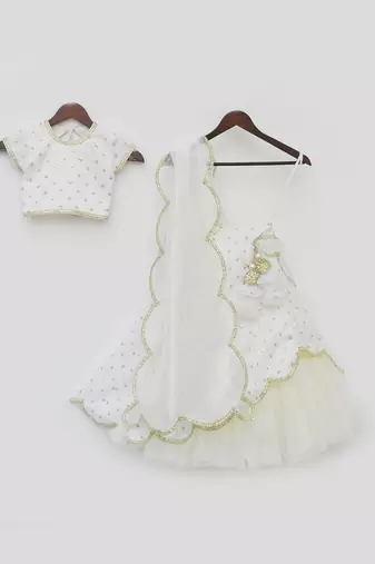 Off White Organza Lehenga Choli and Dupatta for Girls