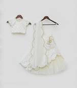 Off White Organza Lehenga Choli and Dupatta for Girls