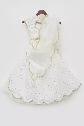 Off White Organza Lehenga Choli and Dupatta for Girls
