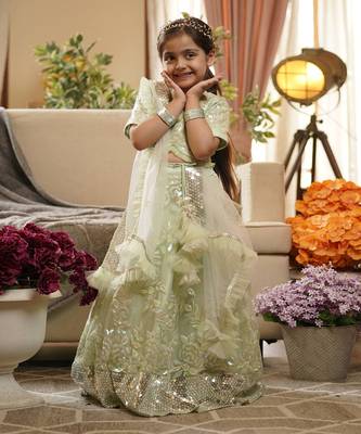 Green Sequins Embroidery Lehenga Choli and Dupatta 1