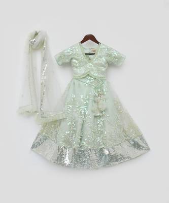 Green Sequins Embroidery Lehenga Choli and Dupatta 3