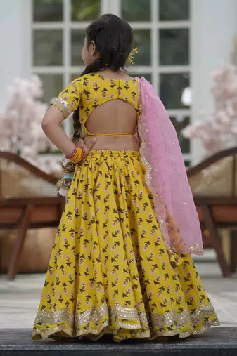 Yellow Printed Lehenga Choli and Organza Dupatta