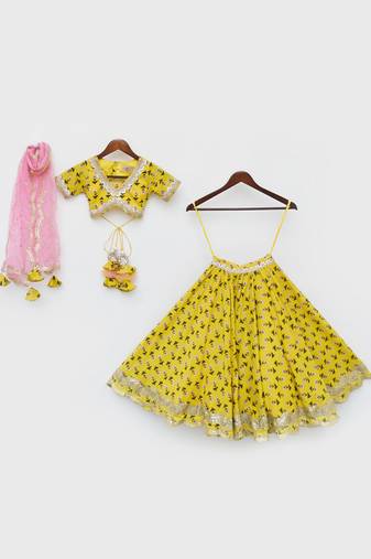 Yellow Printed Lehenga Choli and Organza Dupatta