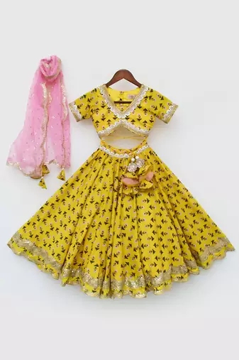 Yellow Printed Lehenga Choli and Organza Dupatta