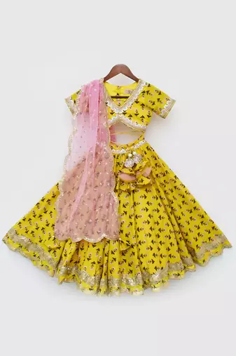 Yellow Printed Lehenga Choli and Organza Dupatta