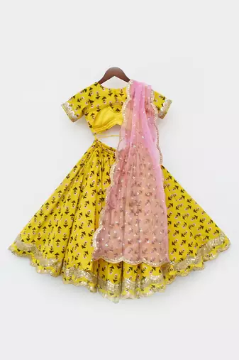 Yellow Printed Lehenga Choli and Organza Dupatta