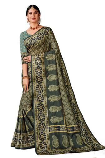 Green art silk digital print embroidery party wear saree