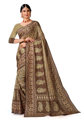 Brown art silk digital print embroidery party wear saree