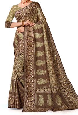 Brown art silk digital print embroidery party wear saree 2