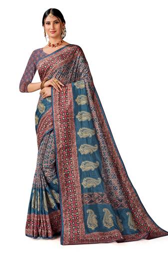 Teal blue art silk digital print embroidery party wear saree