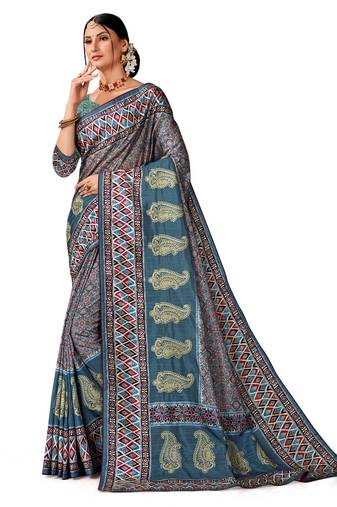 Teal green art silk digital print embroidery party wear saree