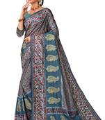 Teal green art silk digital print embroidery party wear saree