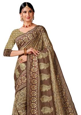 Brown art silk digital print embroidery party wear saree 3