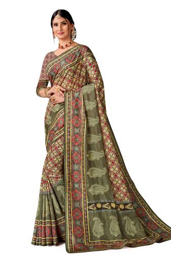 Multi color art silk digital print embroidery party wear saree