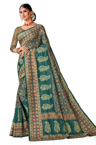 Teal blue art silk digital print embroidery party wear saree