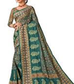 Teal blue art silk digital print embroidery party wear saree