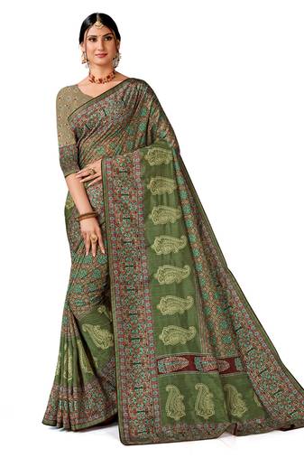 Green art silk digital print embroidery party wear saree