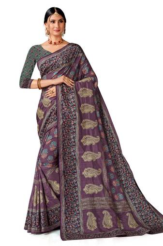 Voilet art silk digital print embroidery party wear saree