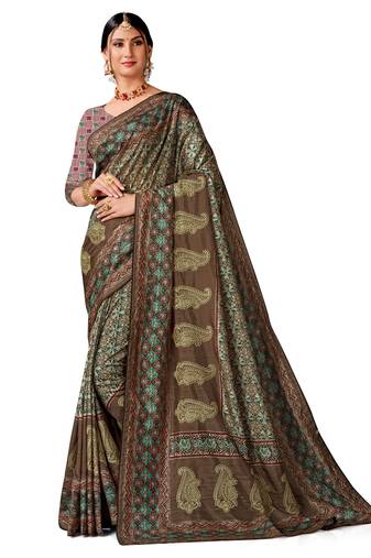 Brown art silk digital print embroidery party wear saree