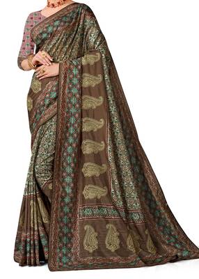 Brown art silk digital print embroidery party wear saree 2