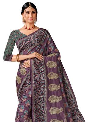 Voilet art silk digital print embroidery party wear saree 3