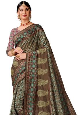 Brown art silk digital print embroidery party wear saree 3