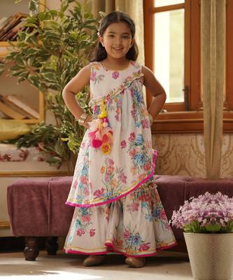 White Floral Print Kurti Sharara 1