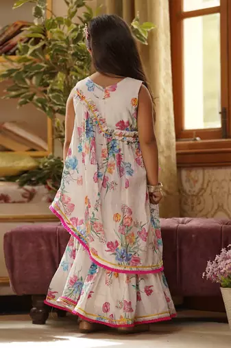 White Floral Print Kurti Sharara