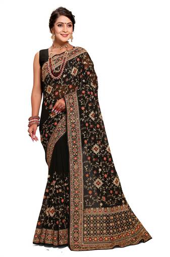 Black heavy kashmiri resham embroidery georgette saree