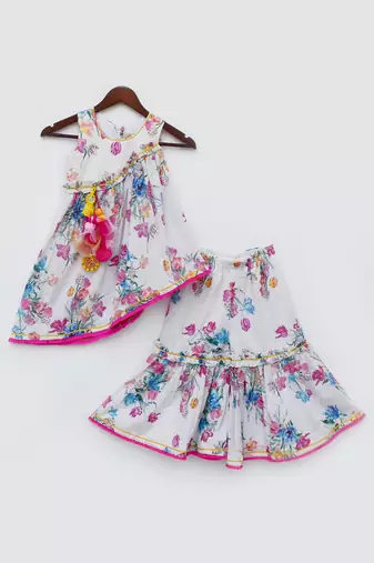 White Floral Print Kurti Sharara