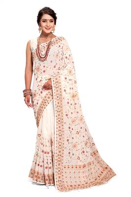 Cream heavy kashmiri resham embroidery georgette saree 1