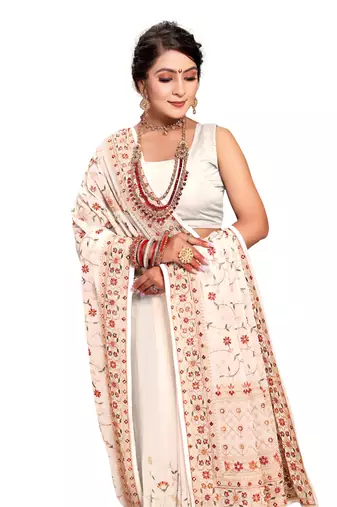 Cream heavy kashmiri resham embroidery georgette saree
