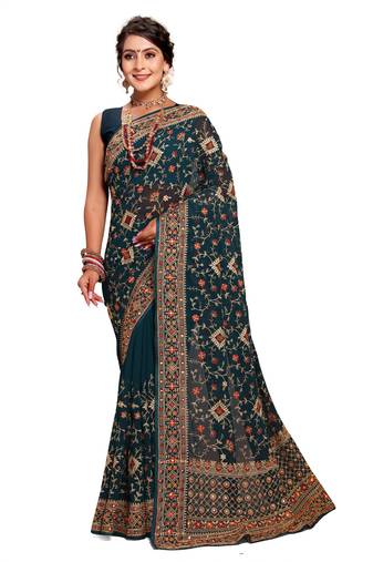 Teal blue heavy kashmiri resham embroidery georgette saree