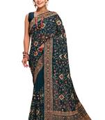 Teal blue heavy kashmiri resham embroidery georgette saree
