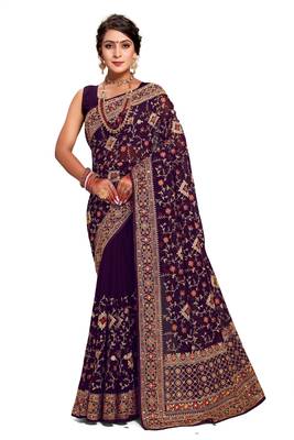 Purple heavy kashmiri resham embroidery georgette saree 1