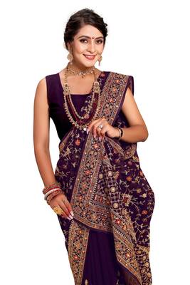 Purple heavy kashmiri resham embroidery georgette saree 2