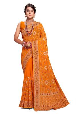 Mustard heavy kashmiri resham embroidery georgette saree 1