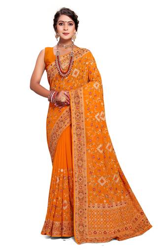 Mustard heavy kashmiri resham embroidery georgette saree