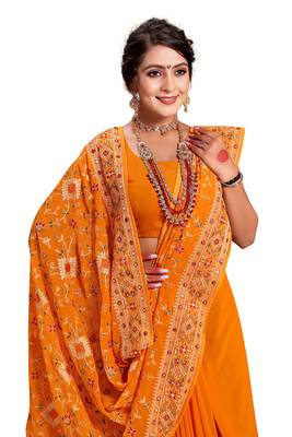 Mustard heavy kashmiri resham embroidery georgette saree 2