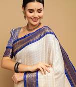 White in blue border checkred nikhila designer cotton silk milk women fashion trending saree with blouse peace