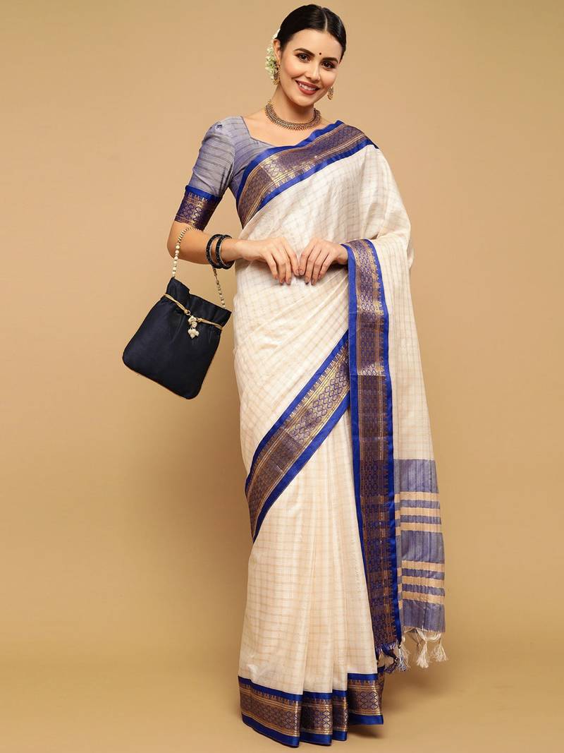 White in blue border checkred nikhila designer cotton silk milk women fashion trending saree with blouse peace