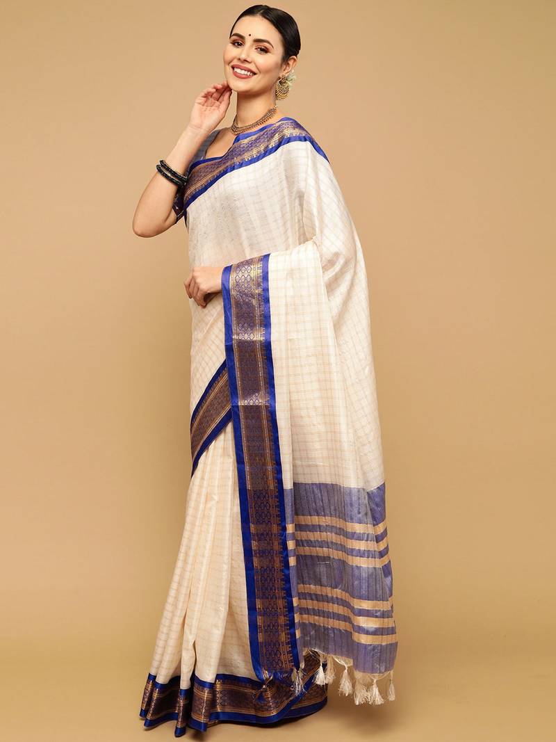White in blue border checkred nikhila designer cotton silk milk women fashion trending saree with blouse peace