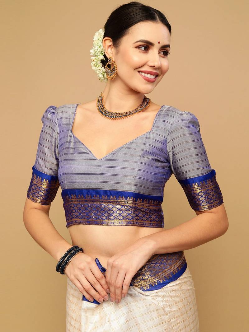 White in blue border checkred nikhila designer cotton silk milk women fashion trending saree with blouse peace