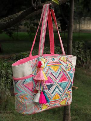 kooky natural & multi boho geometric embellished handloom cotton jacquard tote bag 1