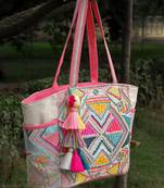 kooky natural & multi boho geometric embellished handloom cotton jacquard tote bag