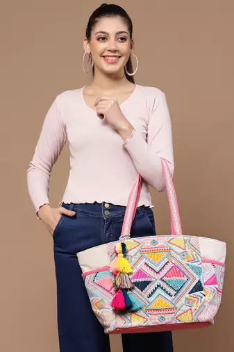 kooky natural & multi boho geometric embellished handloom cotton jacquard tote bag
