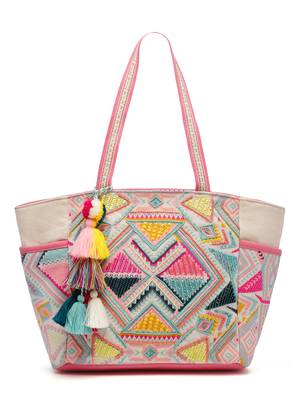 kooky natural & multi boho geometric embellished handloom cotton jacquard tote bag 3