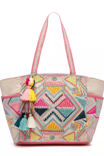 kooky natural & multi boho geometric embellished handloom cotton jacquard tote bag