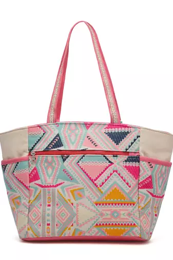 kooky natural & multi boho geometric embellished handloom cotton jacquard tote bag